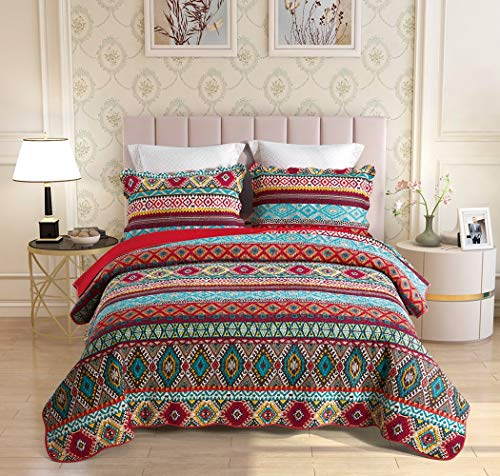 Qucover Boho Tagesdecke 220x240cm, Baumwolle Bettüberwurf für Doppelbett, Gesteppte Bunte Decke Set mit Kissen, Indischer Sofaüberwurf