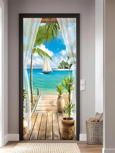 FLFK Türtapete Selbstklebend TürPoster 77x200cm-Blauer Himmel Weiße Wolken Kokosnussbaum Türaufkleber Abziehen und Aufkleben Mauer Aufkleber Zuhause Dekor(2 Stk/Set)