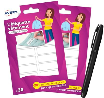 Avery étiquettes autocollantes Vêtements Blanches avec Marqueur – Lot de 72 (2 x 36) – Format 1,3 x 4,5 cm – autocollant Personnalisables, Résistant et Lavables pour Enfants