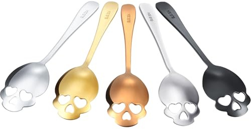 Skull Spoons Stainless Steel Coffee and Espresso Spoons for Tea, Milk, Sugar Stirring, Dessert, Cake (Mixed Color,5 Pieces)
