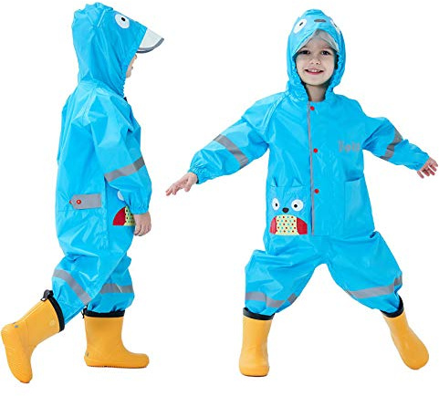 Baogaier Impermeables para Niñas Niños Chubasqueros Chaquetas Capa de Lluvia Encapuchado Mono de Bolsillo Azul Mono Reflectante Abrigos Impermeables Unisex Bebé 2-4 años - Azul