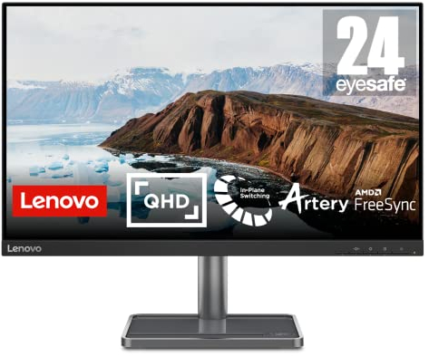 Lenovo L24q-35 - Monitor Gaming 23.8 2K QHD con EyeSafe (IPS, 75Hz, 4ms, HDMI + DP, Cable HDMI, FreeSync, Base Metálica con Altavoces y Soporte para Teléfono) Ajuste de inclinación - Negro