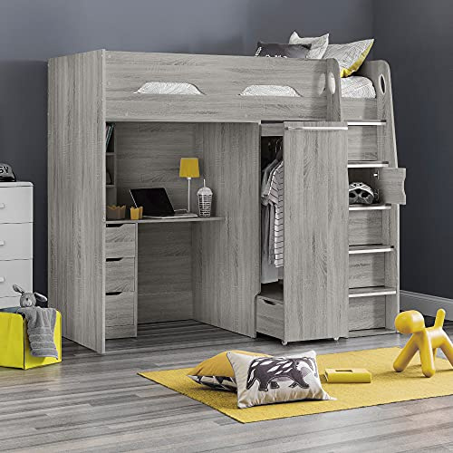 happybeds Pegasus Grey Oak Wooden High Sleeper Bed, 3ft Single, Frame Only | 3ft Single, Wooden High Sleeper Bed, Frame Only, Grey Oak, Cupboard, Storage Shelves, Safety Rails, 90 x 190 cm, 4 Drawers