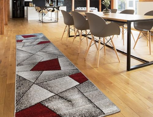 oKu-Tex Teppichläufer Wohnzimmerteppich [80x330 cm] weicher Kurzflor grau rot - Roter Läufer für Wohnzimmer oder Flur - Runner Living Room - Modernes geometrisches Design - Deutsche Marke