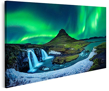 Bild auf Leinwand Nordlicht Aurora Borealis Kirkjufell Island Kirkjufell Berge Winter Nordlicht Aurora Borealis Wandbild Poster Kunstdruck Bilder 80x40cm