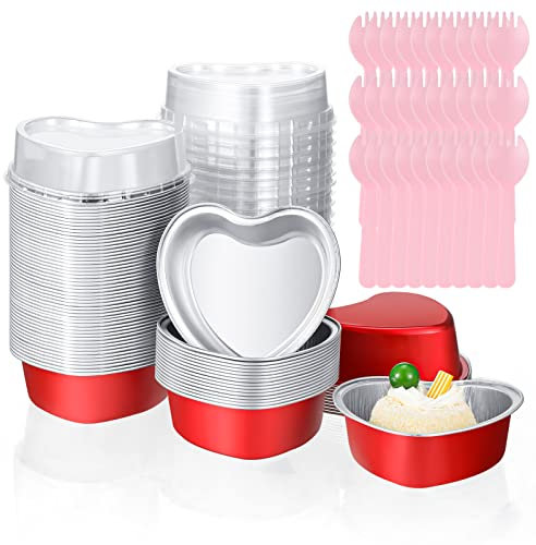 Yinkin 100 Set Mother Day Heart Shaped Cake Pans with Lids 3.4 oz Mini Cupcake Pans Disposable Heart Muffin Tin Aluminum Foil Baking Cups with Plastic Scoop for Wedding Party