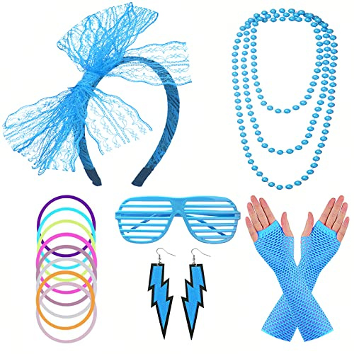 FACATH 80er Jahre Party Kostüm Zubehör Set mit Spitzen Stirnband Neon Ohrringen Fingerlosen Netzhandschuhen Damen 70er 80er Jahre Outfit Disco Zubehör