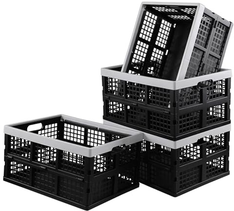 Gloreen 35 Liter Plastic Folding Storage Crate, Collapsible Storage Crates, 4 Packs