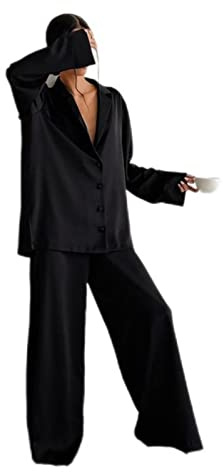 YANGQI Oversize Raso di Seta Sleepwear Taglio Basso Pigiama Sexy Per Le Donne Monopetto Maniche Lunghe Gamba Larga Pantaloni Pantaloni Tute
