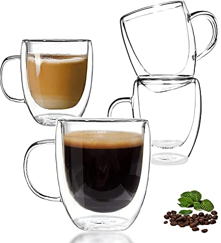 HASA zone Double Walled Glass Coffee Mugs, Set of 4 Clear Glass Coffee Mugs with Handle, 350ML Glass Tea Cups, Insulated Coffee Mug for Latte, Cappuccinos, Hot/Cold Drink, Blacktea