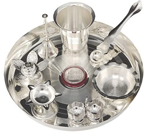 BENGALEN Pooja thali Set Silver Plated with 8 Inch Plate Glass Bowl Agarbatti Stand Palli Diya Kumkum Stand Coin Ghanti Puja Thali for Diwali Home Mandir Office Wedding Return Gift Items