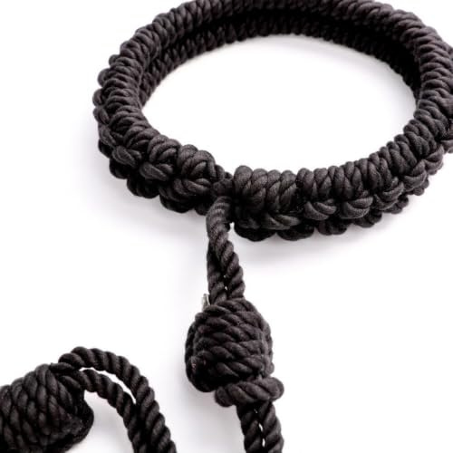 BONDAGERIE® Costrittivo collare e manette in corda effetto raso per coppia, regolabili, colore Nero