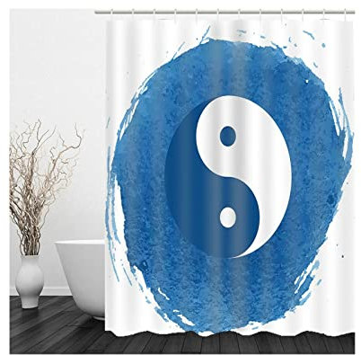 Whoiy Duschvorhang Blau Wasserdicht, Duschvorhang Eckbadewanne 165X200cm Polyester Badegardinen Tai Chi Diagramm Weiss Waschbar
