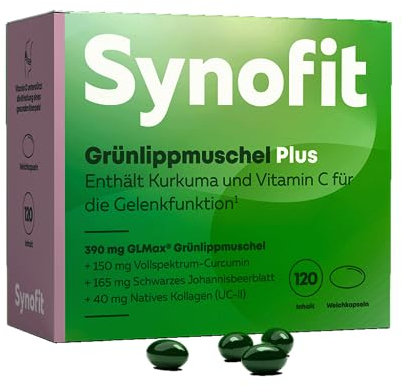 Synofit Premium Plus 100% reine Grünlippmuschel (GLMax®) Kapseln I 120 Weichkapseln I Mit Curcumin, Kollagen & Johannisbeerblatt I Unterstützt Gelenkfunktion und Beweglichkeit I Ribes Nigrum