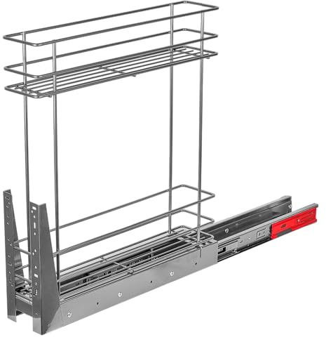 STOLMET Schrankauszug Mini Schrankkorb mit Vollauszug Ausziehbare Küchenschublade mit Soft Close System Korbauszug für Küchenschrank Schrank mit Außenbreite von 15 cm 2 Ablagen 480x545x100mm Silber