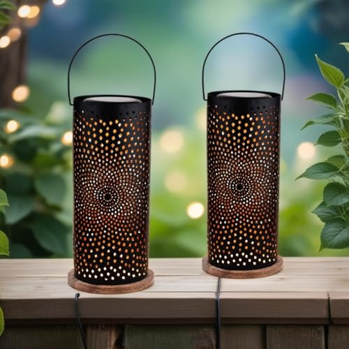 Marrakesch 2er Set Solarlaterne für außen mit Henkel aus Metall & Holz 30cm Groß | Orientalische Outdoor Solar LED Laterne Swann Schwarz IP65 Wasserdicht als Gartendeko Deko