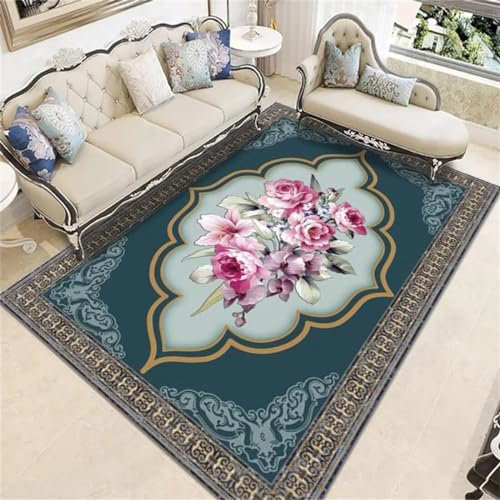 RUGMRZ Kinderteppiche Mädchen Teppich Industrial Rose rot floral blau Rand Dekoration große Wohnzimmer schalldicht Webteppich 60X90CM