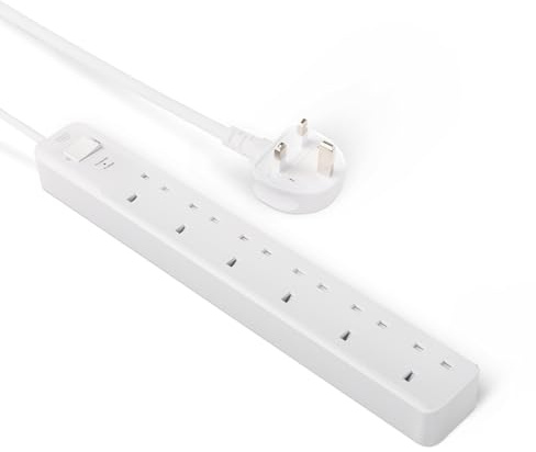 Amazon Basics Surge Protector Power Strip with Safety Shutters, 6-Outlet, 600 Joule, 0.61-m Cable, White