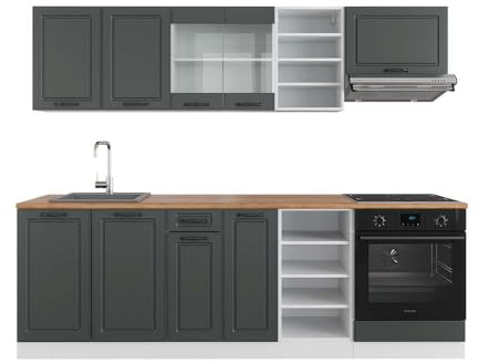 Vicco Küchenzeile R-Line, Küchenblock, Anthrazit Landhaus/Weiß, 240 cm, AP Eiche