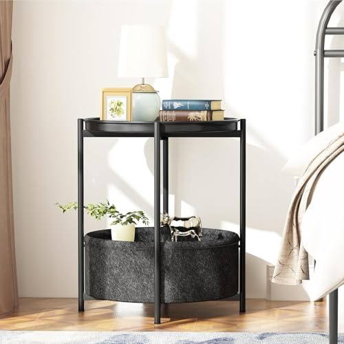 Huhote Small Round Coffee Table with Fabric Basket, 2 Tier End Side Table, Nightstand Storage for Living Room Bedroom, Modern Style, Black