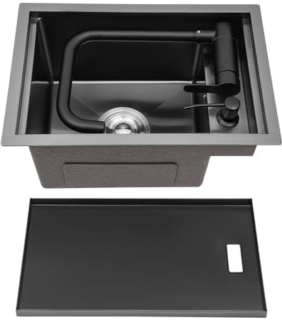 Diskbänk i rostfritt stål, dold diskbänk med lock, 360° vikbar kall- och varmvattenkran, enkel diskbänk 45 x 30 x 23 cm, lämplig för hushålls- och storkök och husvagnar