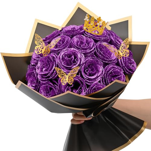 Waipfaru 24 Stück Glitzer Rosen Blumenstrauß DIY Gefälschte Blumen Blumenstrauß Künstlicher Lila Rosenstrauß für Valentinstag, Muttertagsgeschenke, Jahrestag, Verlobung, Hochzeit