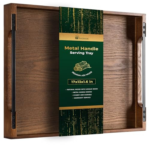 Axeman Wooden Serving Tray with Metal Handles|Ottoman Tray for Breakfast, Bed, Couch|17x13in Ash Wood Coffee Table Trays|Food Drinks Decorative Storage Boards for Ottoman Kitchen, Walnut