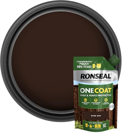 Ronseal One Coat Shed & Fence Pouch Dark Oak 950ml - Mix with Water to Make 5 Litres of Paint for Effortless Coverage and Long-Lasting Protection
