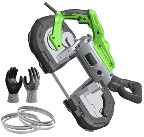 FLNOZAMZ 1100w tragbare Bandsäge, Metall-Kaltschnitt-Bandsäge, LED-Licht, 4,72 Zoll Schnittdurchmesser, 0,8-2,4 m/s Klingengeschwindigkeit, mit 1 Handschuhen und 6 Sägeblättern (Withoutbase)