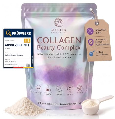 MySilkRoadNature Kollagen Pulver 450g mit Vitamin C, Biotin & Hyaluronsäure – Kollagenpeptide Typ I II III & V, Kollagen Hydrolysat, geschmacksneutral, zuckerfrei, hohe Bioverfügbarkeit, Collagen