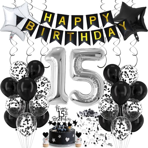 Cadimus Luftballon 15. Geburtstag Schwarz Silber, Deko 15. Geburtstag, Luftballon 15, Black and White Party Deko, Luftballons Schwarz Silber, Geburtstagsdeko für 15 Jahre Junge und Mädchen