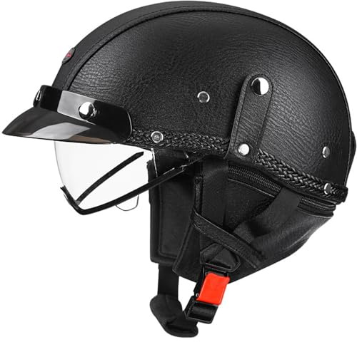 VVPEC Läderhalvhjälm tysk stil retro motorcykelhjälm godkänd DOTECE män kvinnor vintage öppen hjälm halvskal keps mopedhjälm for chopper cruiser skoter(3,M=57~58cm)