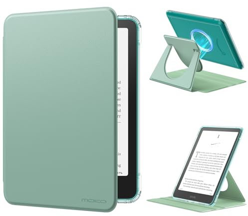 MoKo 360° Drehbar Hülle für 7 Kindle Paperwhite 12.Generation 2024&Kindle Colorsoft 2024/2025, Durchsichtig Abnehmbar Magnetisch Verstellbar Schutzhülle mit Ständer Auto Wach/Schlaf, Agave Grün