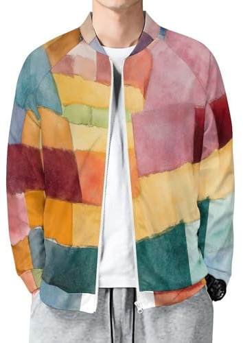 MIATCENRT Giacca da Uomo Transizione Leggero, Sottile Bomber Primaverile Casual Giacca Geometria Sportiva All'aperto con Zip, Spolverino a Vento Campo Campagna