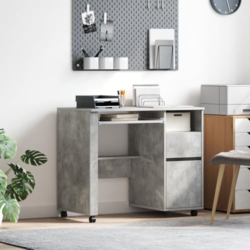Qnhdfrt Mobiler Computertisch Grau Beton-Optik Spanplatte mit Schublade und 4 Rollen Kompakter Schreibtisch für PC-Arbeit Homeoffice Jugendzimmer und Lernbereich
