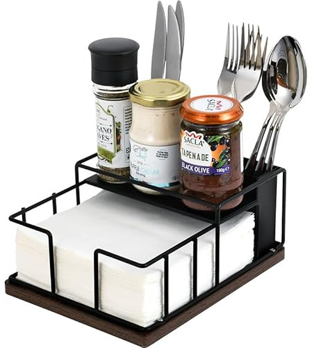 Napkin Holder for Table, Countertop Organizer - Flatware Holder for Forks, Spoons, Knives, Napkin Dispenser and Salt and Pepper Shakers Storage, Kitchen Cutlery Caddy for Dining Table, Buffet, Camping