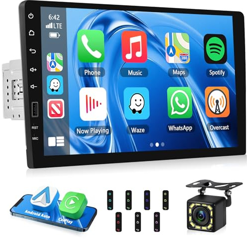 Autoradio Motorsi Single Din avec CarPlay et Android Auto sans Fil, Lecteur MP5 à écran Tactile HD 9 Pouces 1 Din avec Mirror Link, Bluetooth, FM/AM, USB/TF/AUX, SWC, récepteur Audio + Caméra de Recul
