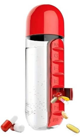 Pilulier 2 en 1, pilulier 7 jours, 600 ml, 7 compartiments, boîte à médicaments, gobelet, bouteille d'eau en plastique, pilulier quotidien, organisateur for boissons (rouge, 1 pièce)