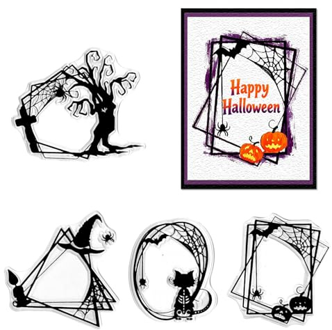 ALIBBON 4 Pcs Halloween Border Frame Clear Stamps for Card Making, Spider Web Pumpkin Witch Hat Cat Transparent Silicone Rubber Seal Stamps for Crafts Journal DIY Scrapbooking Photo Album Decorations