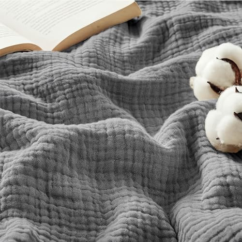 BEDSURE Musselin Decke 100% Baumwolldecke - Tagesdecke, Grau, 130x150 cm | 4-lagige Gazedecke für Couch, Atmungsaktiv und Leichte Sommerdecke, Kuscheldecke für Wohnzimmer, Schlafzimmer und Kinderwagen