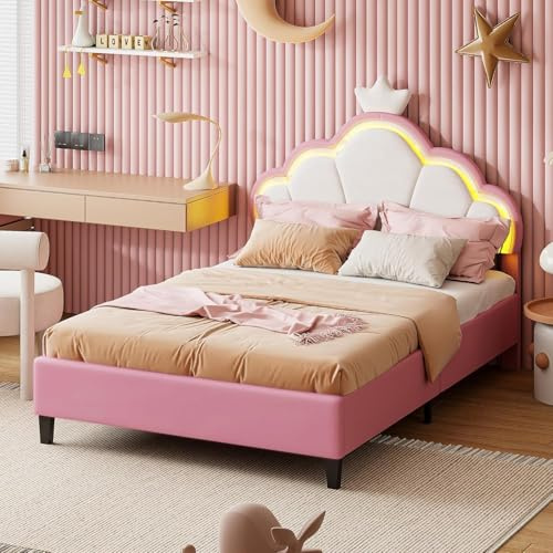 WSOFZMO Polsterbett Kinder Bett 90x200cm, Kinderbett Mädchen, Kids Bed, Prinzessinnenbett mit verstellbarem LED-Kopfteil und Lattenrost, Jugendbett aus Massivholz und Samt, ohne Matratze (90 * 200)