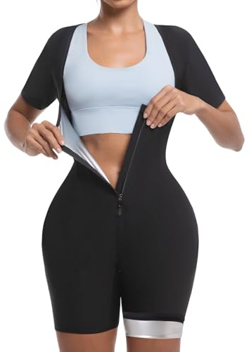 Meiosuns Full-Body Sauna Suit, 4 in 1 Sweat Suit Women Weight Loss Slimming Body Shaper, Lightweight Short Sleeve Sauna Suits, Sweat Vest High Waist Trimmer for Jogging, Exercise(Silvery-M)