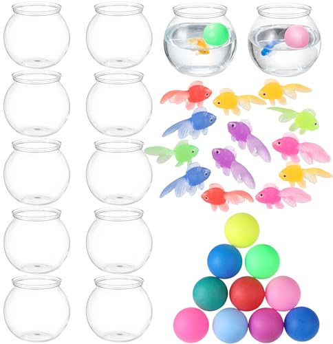 JolliLudo 16 oz Table Tennis Fish Bowl Game Set, 12 Plastic Ivy Bowls 12 Colorful Goldfish Plastic Toys, 20 Multicolor Table Tennis Balls for Candy Fish Carnival Party Rewards