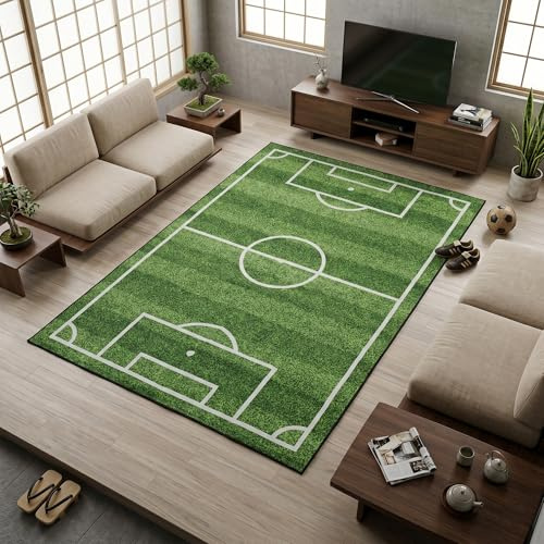 petour Soccer Ball Pattern Rug160x240cm Football Sports Theme Decor Carpet | Green Grass Football Field Printed Carpet Soccer Field Mat Area Rug Football Pitch Rug for Family Bedroom Bedside Playroom