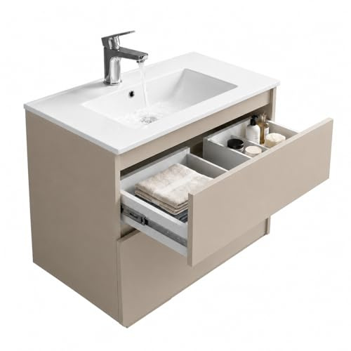 paplinskimoebel Waschbecken mit Waschtischunterschrank CALPE Breite, wandhängend mit Schubladen, Keramikwaschbecken, Farbe: Kaschmir Beige, Matt (Kaschmir, 60)