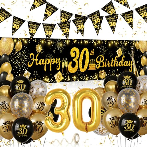 Palloncini 30 Anni Compleanno Donna Uomo, 30 Anni Decorazioni Oro e Nero, Festone Buon Compleanno, Feste di Compleanno Sfondo Fotografico Tessuto per Compleanno 30 Anni Feste
