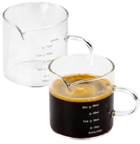 Merzio 2 PCS Espresso Cups Set, Double Spout Glass Measuring Cup with with 75ml Measurement Lines, Clear Borosilicate Espresso Shot Glass with Glass Handle, Coffee Accessories for Barista
