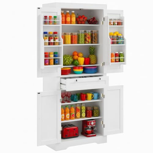 Songvas Küchenschrank, 182cm Vorratsschrank Weiß, Sideboard Wohnzimmer mit 1 Schubladen und 4 Türen, 76 x 40 x 182 cm, Spanplatte + MDF, Moderner Hochschrank Küche für Küche, Esszimmer und Wohnzimmer