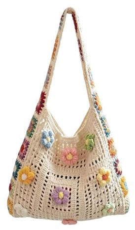 Generico Borsa Uncinetto,Borsetta Boho In Maglia Fatta A Mano - Sacca All'Uncinetto Fatta A Mano | Ideale Per Vacanze Estive Al Mare Appuntamenti Pendolarismo Festival Musicali Compleanno Ragazze