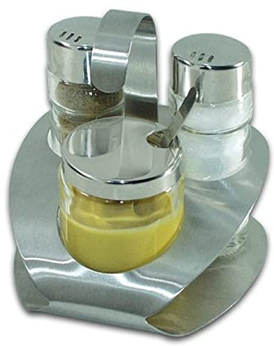 Fackelmann Set salière poivrière moutardier Verre INOX 8,5 cm | 3 pièces avec support, Salière et poivrier 3 x 8,5 cm, Moutardier 4 5 x 6 cm, Cuillère 8,5 cm
